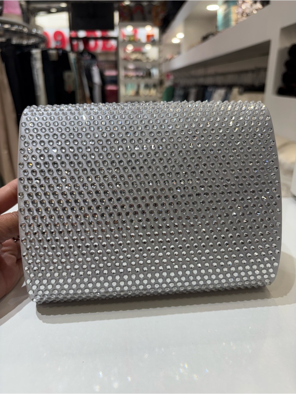 Silver Crystal Crossbody Clutch with Interlocking Ring Detail - Picture 4 of 7